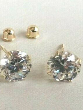 14K SOLID YELLOW GOLD STUD EARRINGS W/ 3 CARATS LAB CREATED DIAMONDS/ 7MM